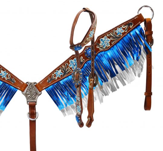 Electric Blue Metallic Fringe One Ear Headstall and Breastcollar Tack Set