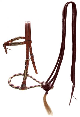 Leather Futurity Knot Headstall with brown rawhide braided bosal and brown nylon mecate reins