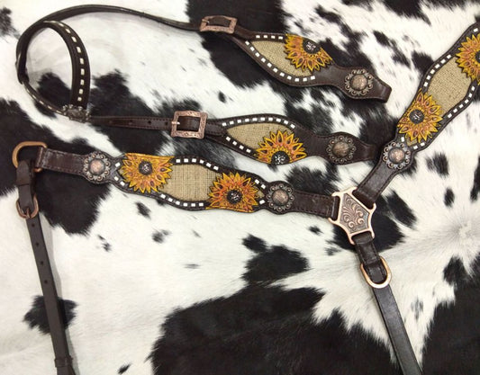 Dark Oil Sunflower & Burlap Inlay Headstall and Breastcollar Tack Set