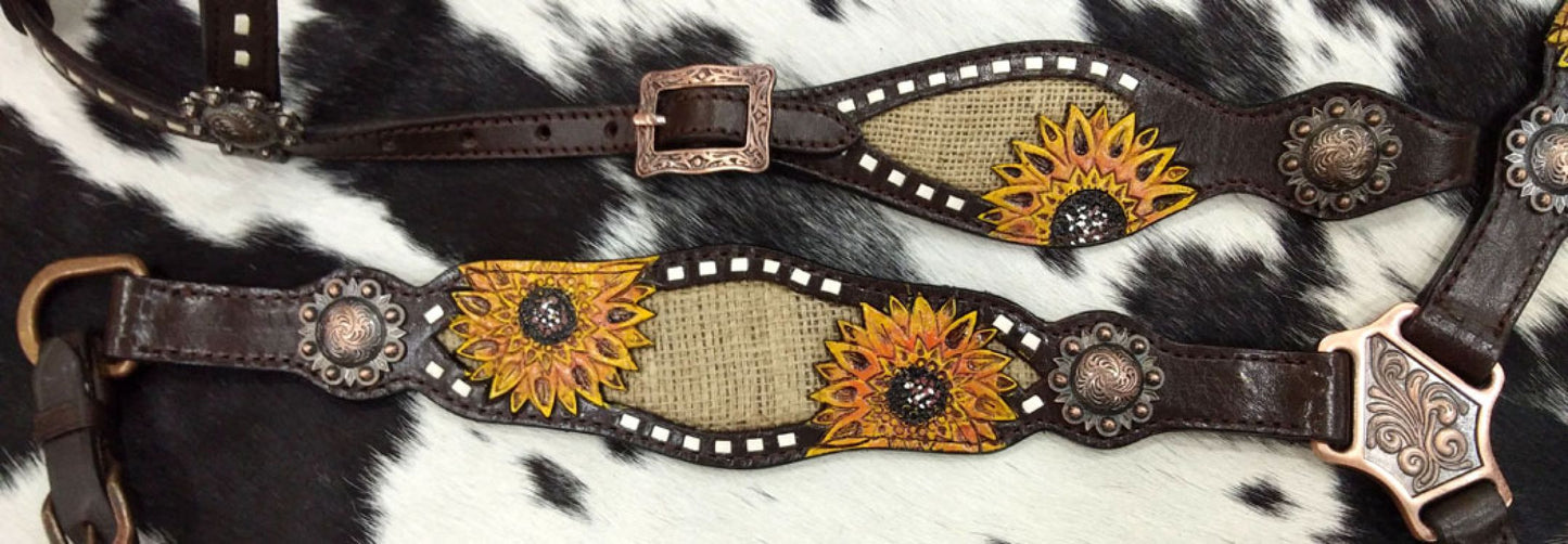 Dark Oil Sunflower & Burlap Inlay Headstall and Breastcollar Tack Set
