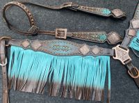 Teal/Brown Brown Ombre Fringe tooled leather One Ear Headstall and Breastcollar Tack set