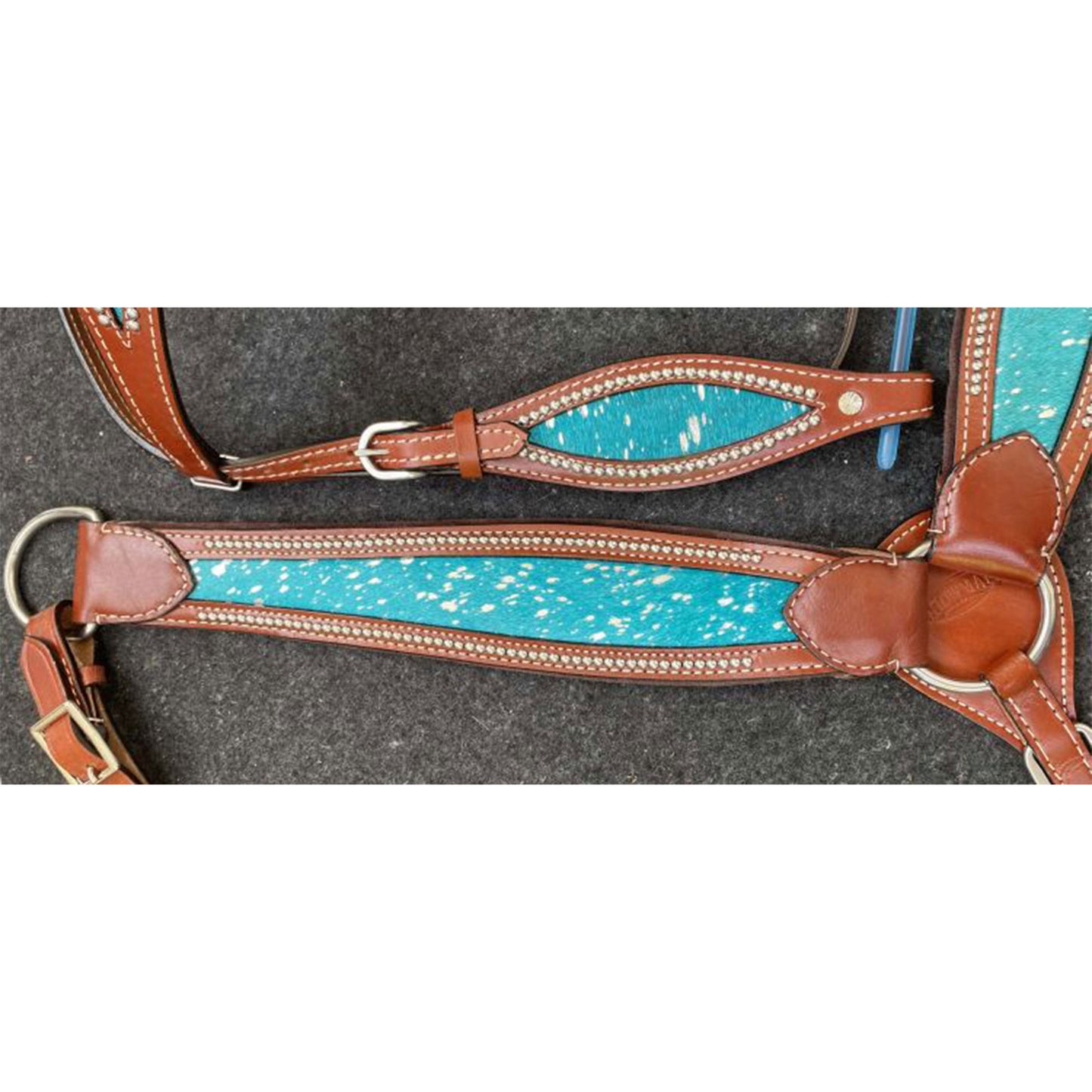 Teal Acid Wash Cowhide Inlay Headstall and Breastcollar Tack Set