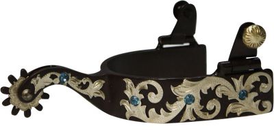 Scroll Engraved Blue Rhiestone Brown Steel Spurs with 1" Band and 2.5" Shank