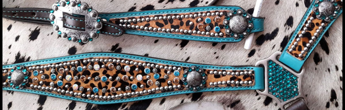 Showman Hair on Cheetah with Metallic Teal accent Browband Headstall and Breast Collar Tack Set