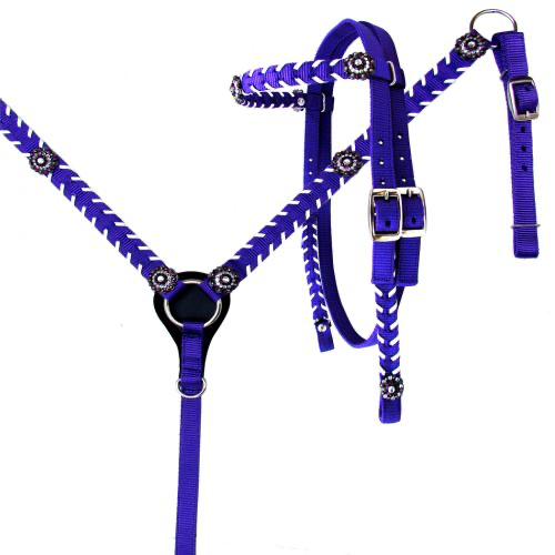 Showman Nylon headstall and breast collar set with stitched trim and crystal rhinestone conchos