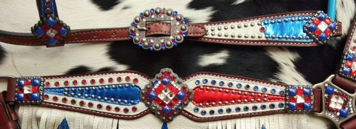 Showman Patriotic Star Fringe Headstall, Breast Collar, Reins Tack Set