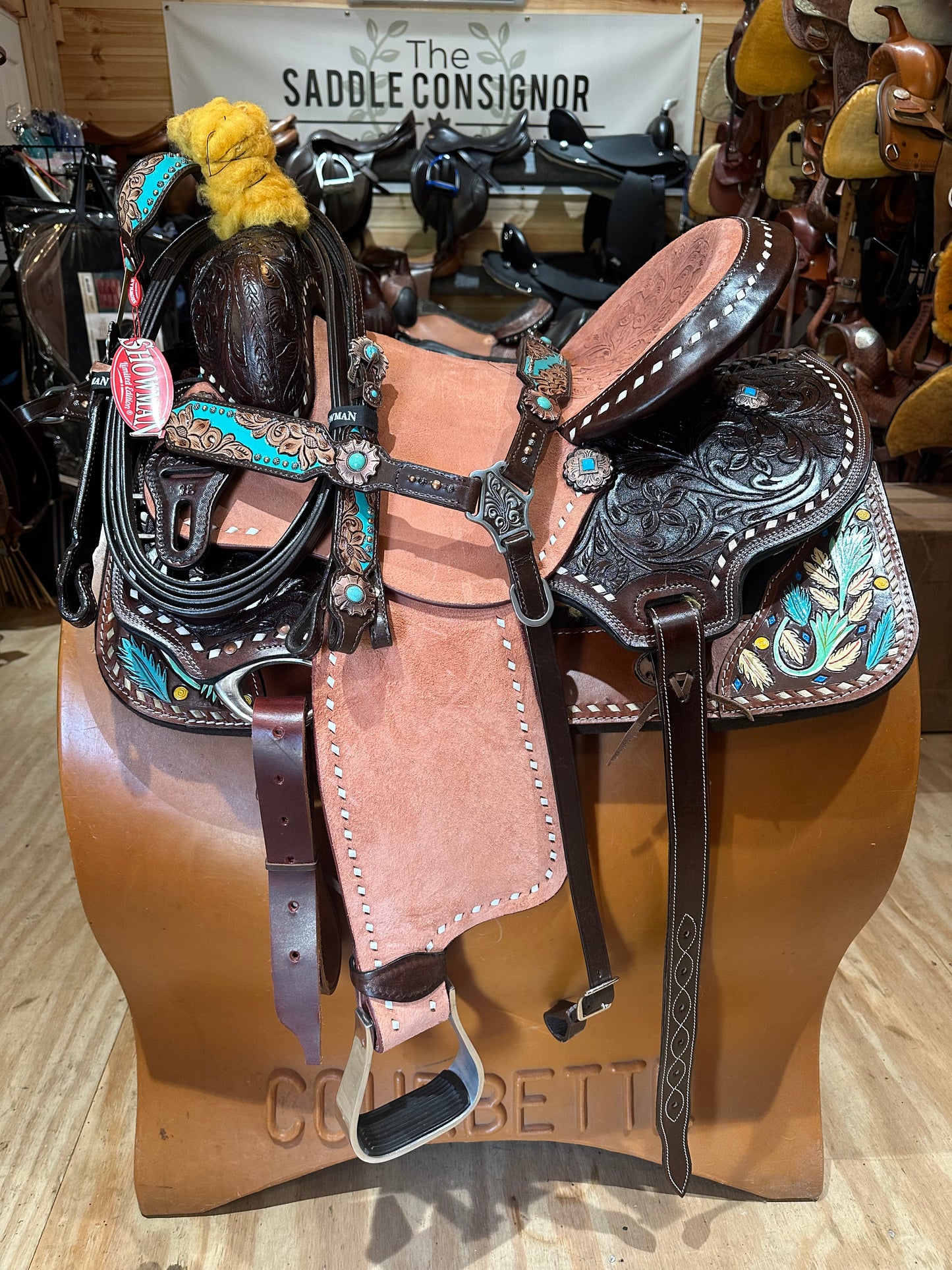 16" Barrel style western saddle with floral tooled seat Model AS2814