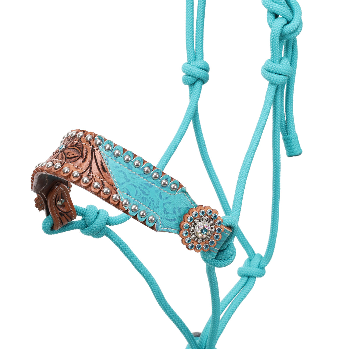 Teal Petals Leather Nose Cowboy Knot Halter with Lead