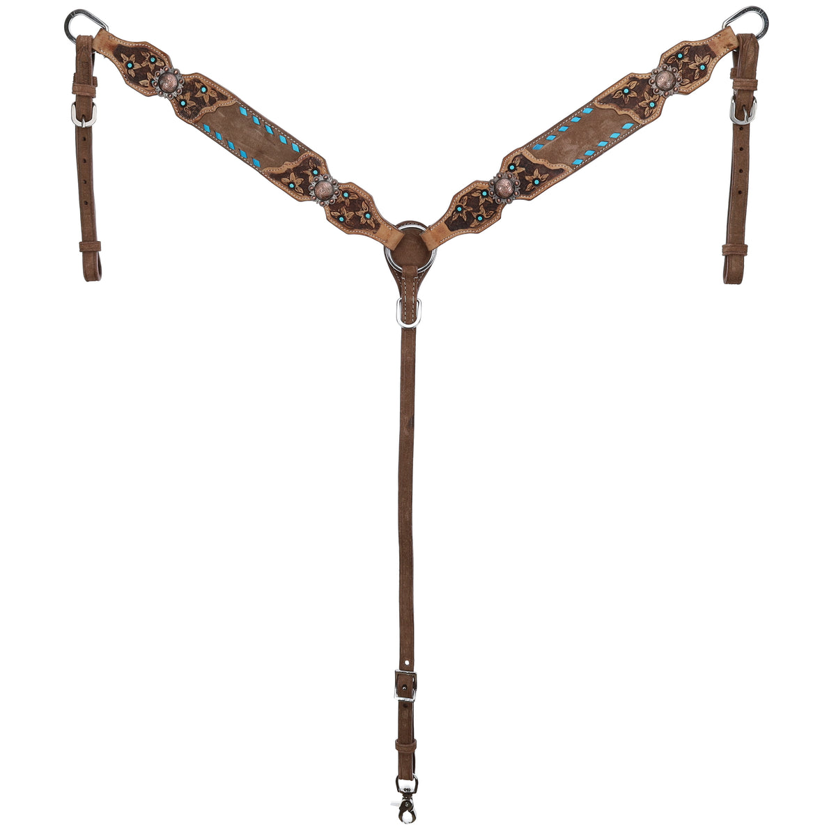Cocoa Creek Chocolate Roughout Teal Buckstitch Browband Headstall and Breastcollar Tack Set