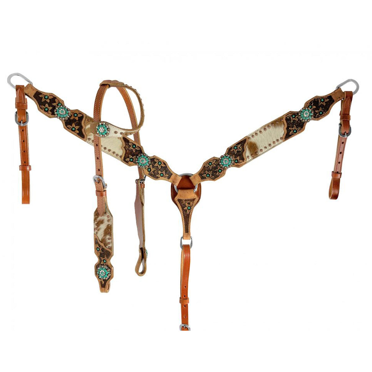 Longhorn Cowhide Turquoise One Ear Headstall and Breastcollar Tack Set