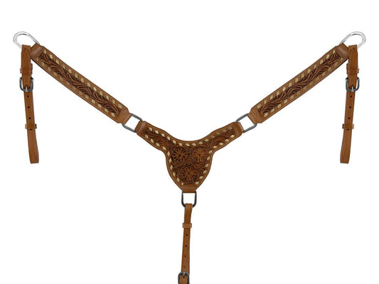Floral Rawhide Buckstitch Gladiator Style Browband Headstall and Breastcollar Tack Set