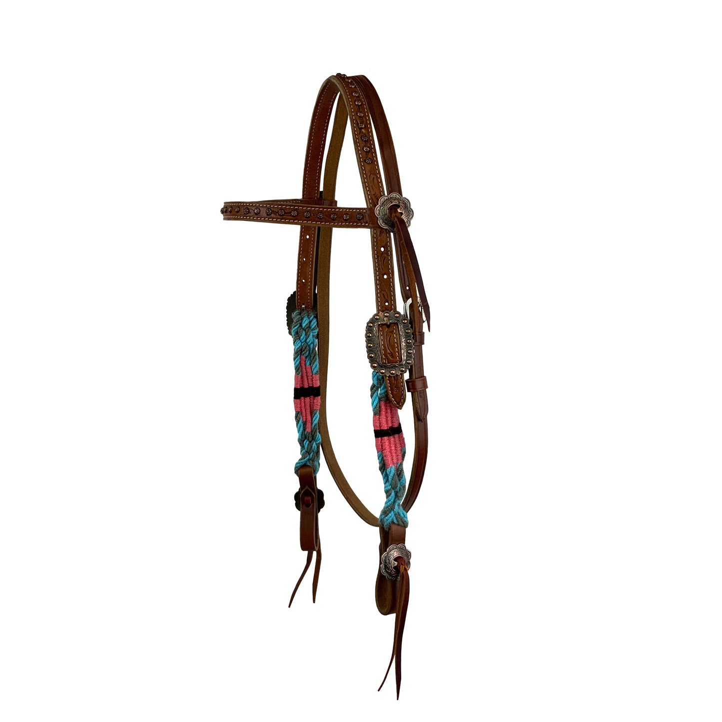Tropical Mohair Browband Headstall and Breastcollar Tack Set - Teal/Coral