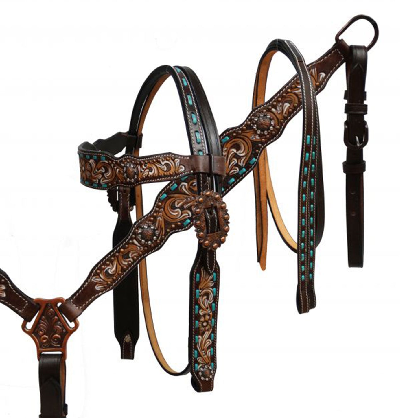 Showman Dark Oil Teal Buckstitch Hand-Painted Browband Headstall, Breast Collar, Reins Tack Set