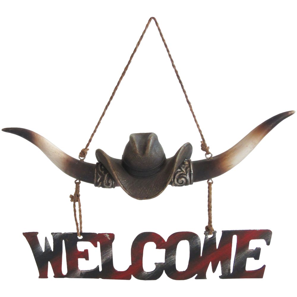 Longhorn with Cowboy Hat Welcome Sign