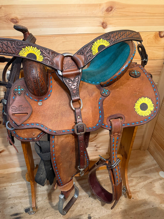 15” Scott Thomas Teal Sunflower Barrel Racing Saddle w/ Matching Tack Set