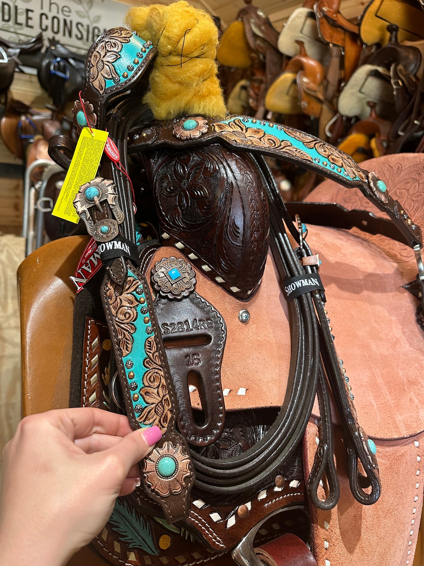16" Barrel style western saddle with floral tooled seat Model AS2814
