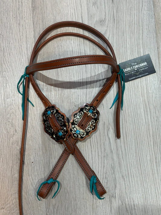 Scalloped Oval Turquoise Color Stitch Browband Headstall– Premium Amish Leather by Spur Creek Tack
