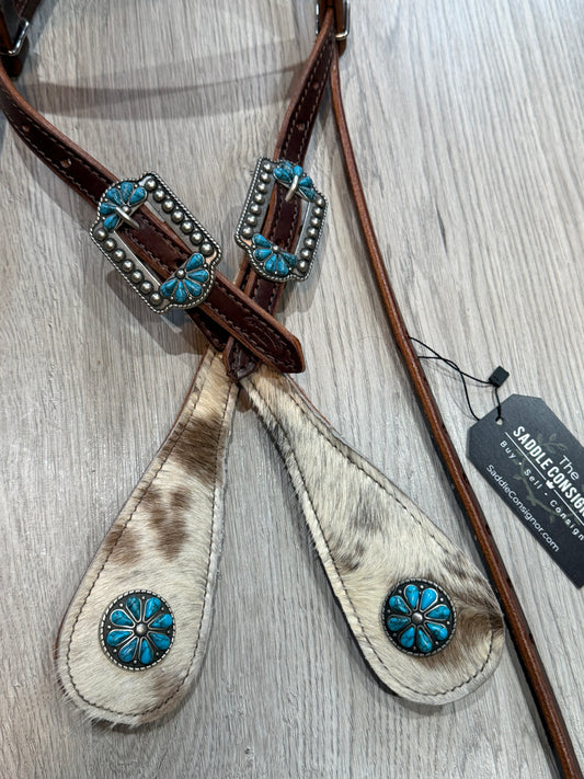 Turquoise Burst Cowhide Browband Headstall– Premium Amish Leather by Spur Creek Tack