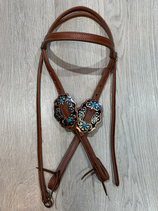 Scalloped Oval Turquoise Browband Headstall– Premium Amish Leather by Spur Creek Tack