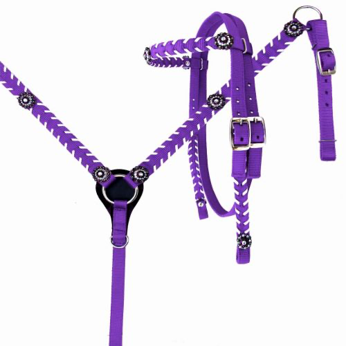 Showman Nylon headstall and breast collar set with stitched trim and crystal rhinestone conchos