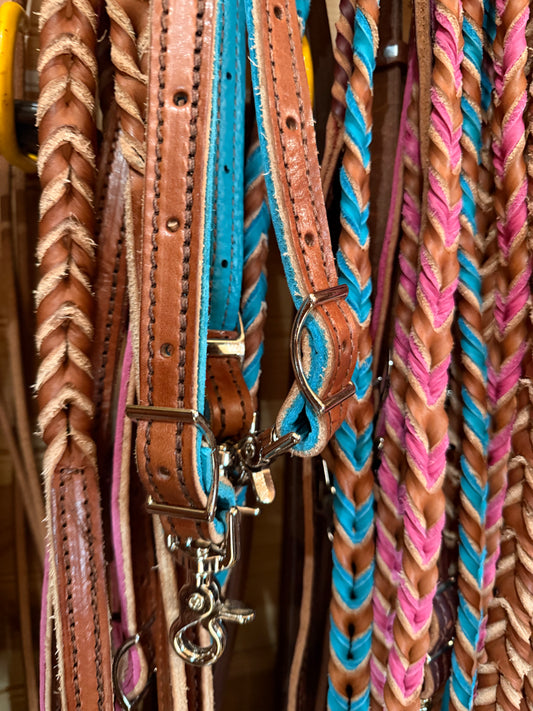 Braided Leather Quick Change Barrel Reins 7.5’ - Medium Oil - Choose Color