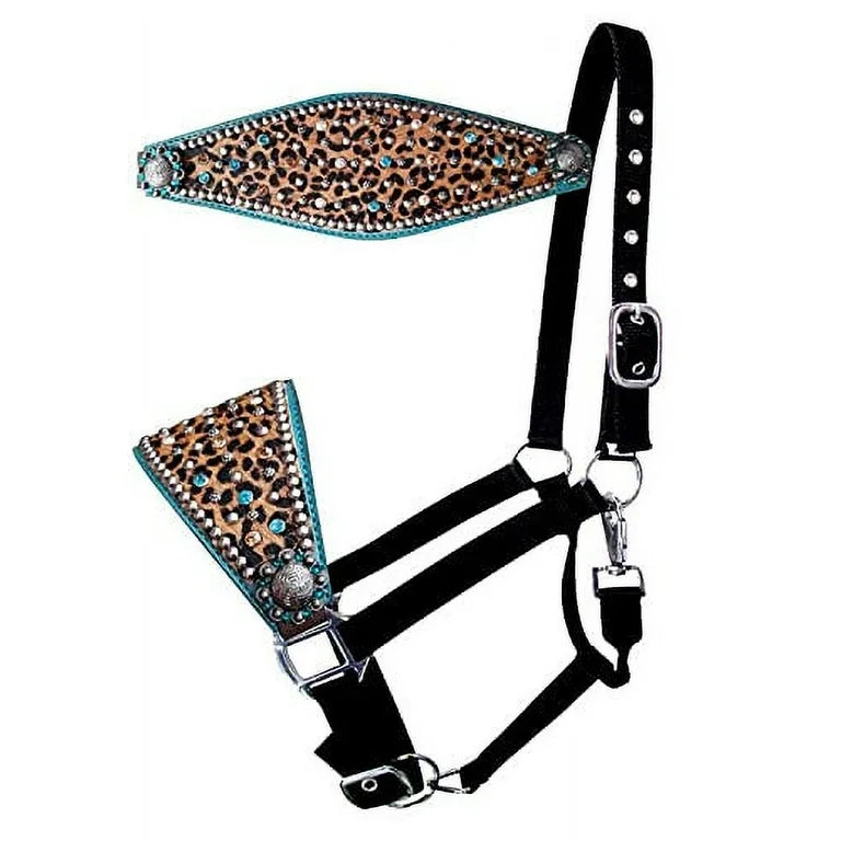 Showman Nylon bronc halter with hair on cheetah print and turquoise leather accent