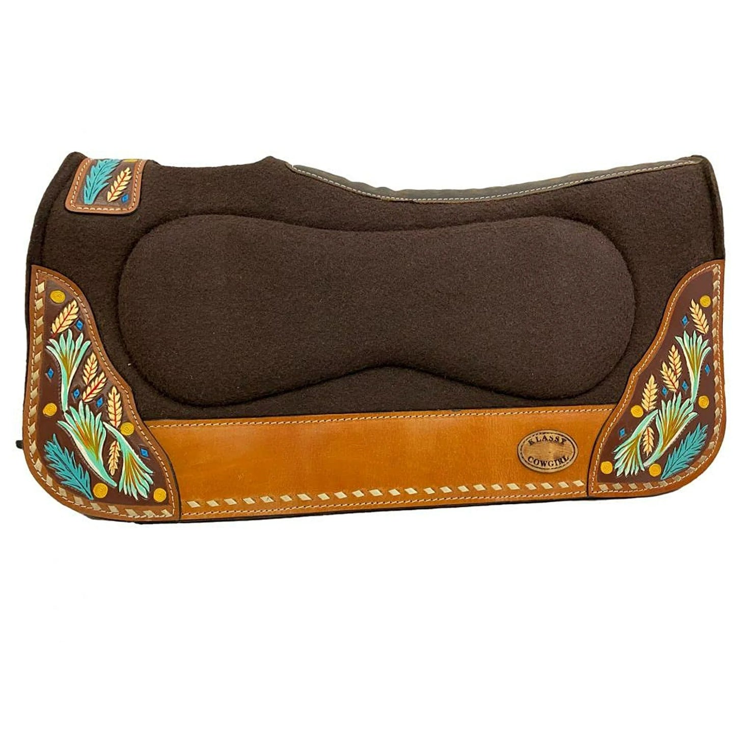 Showman Klassy Cowgirl 28 x 30 Barrel Style Brown Felt Pad With Painted Feathers