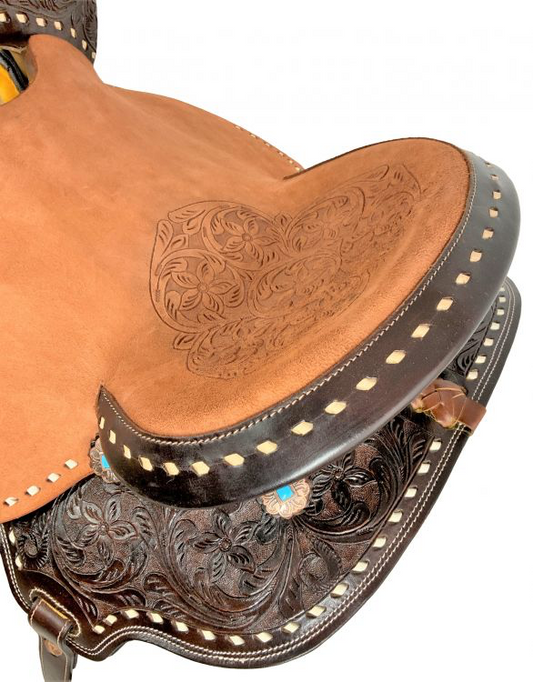 16" Barrel style western saddle with floral tooled seat Model AS2814