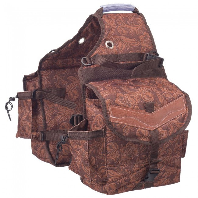 Tough1 Multi-Pocket Insulated Nylon Saddle Bag - Tooled Brown Leather