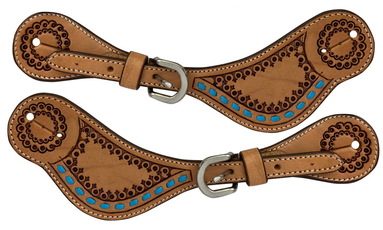 Teal Buck stitch Argentina Cow Leather Embossed Ladie's Spur Straps