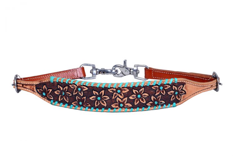 Teal Buckstitch Floral Tooled Leather Wither Strap