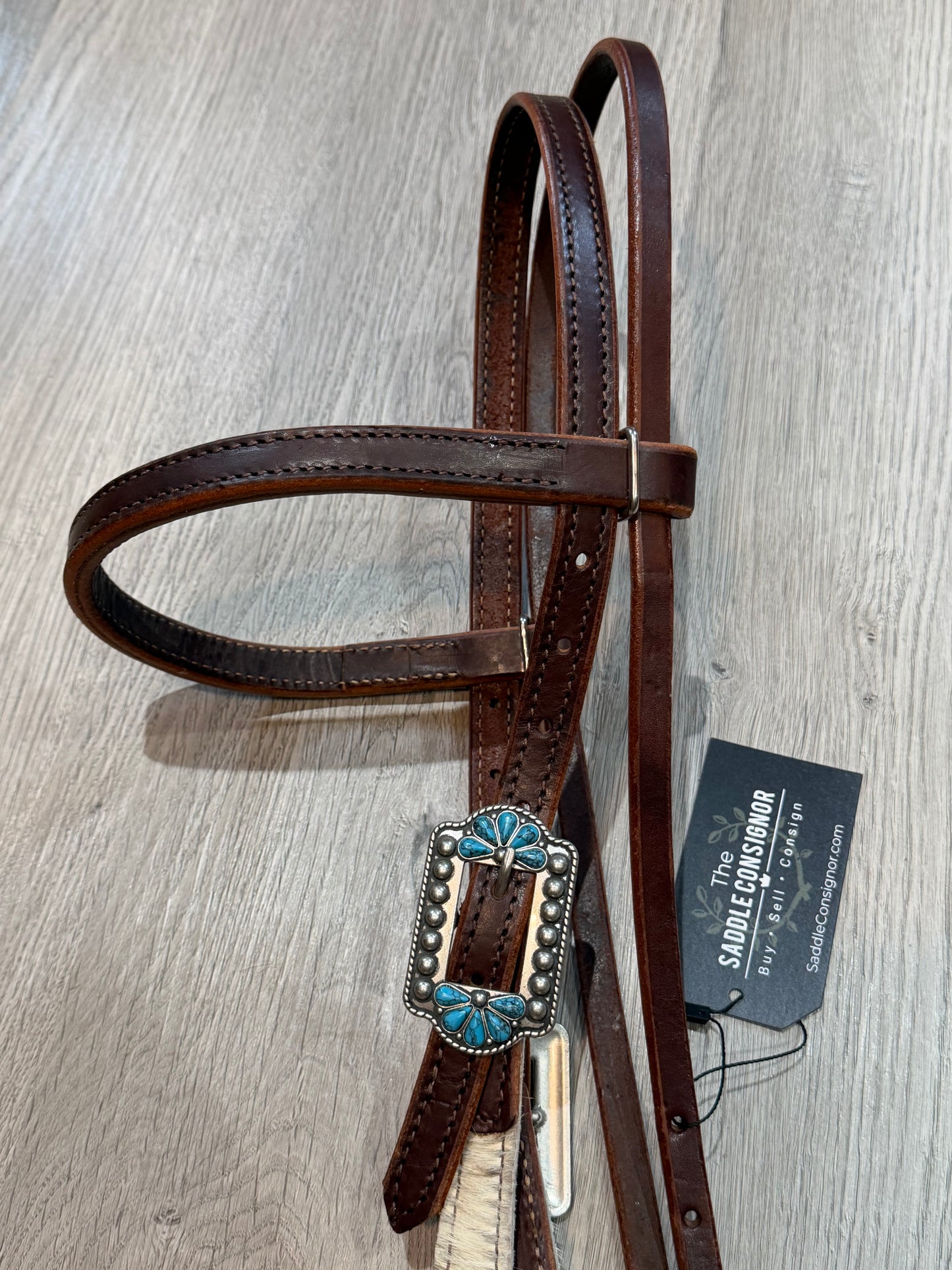 Turquoise Burst Cowhide Browband Headstall– Premium Amish Leather by Spur Creek Tack