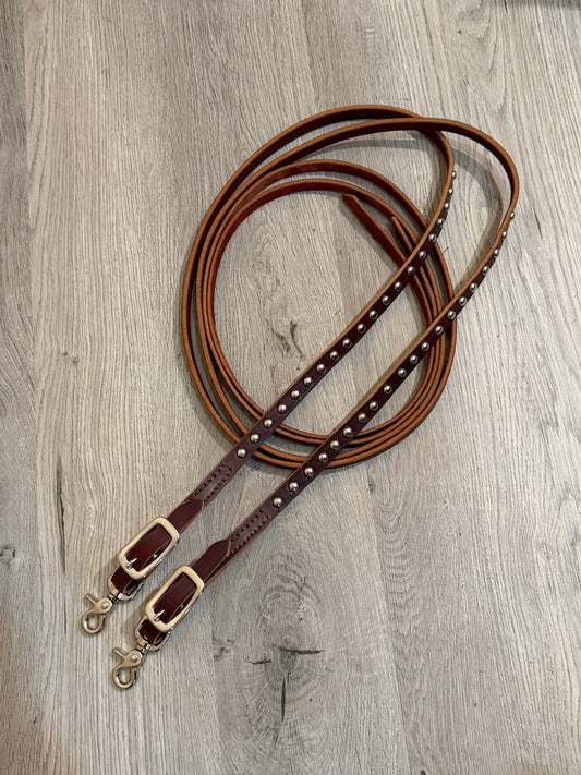 Dotted Leather Split Reins 8’ Quick Change Ends w/ Snaps - Burgundy