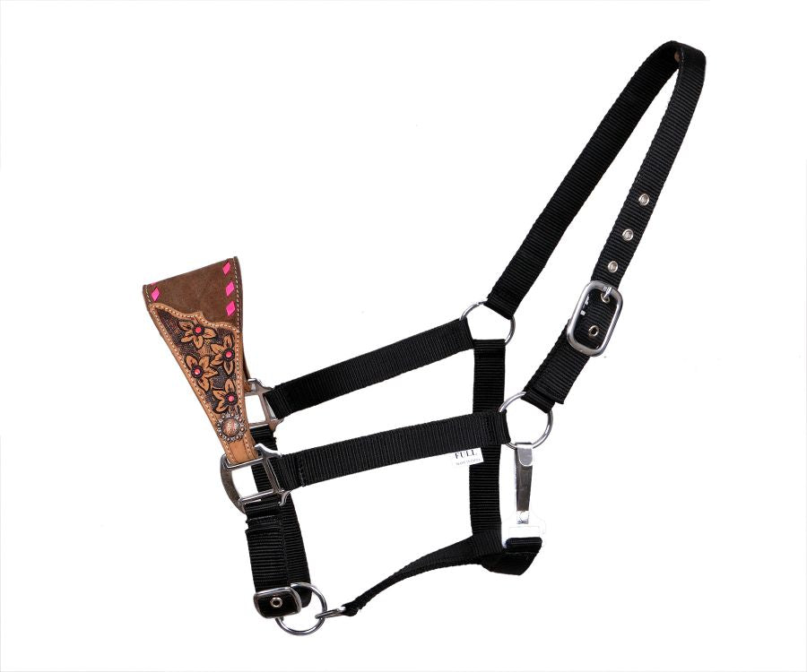 Pink Buck stich noseband with Floral Tooling Bronc Halter on Adjustable nylon