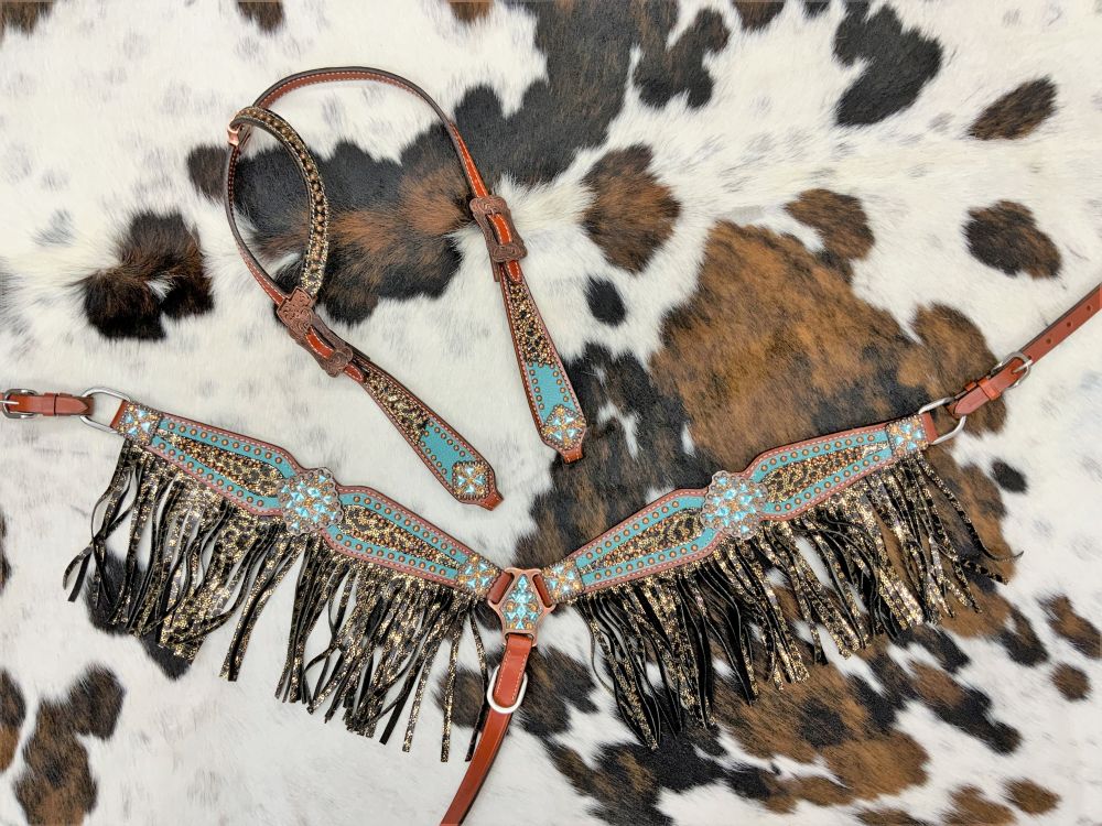 Bejeweled metallic leopard print headstall and breast collar set