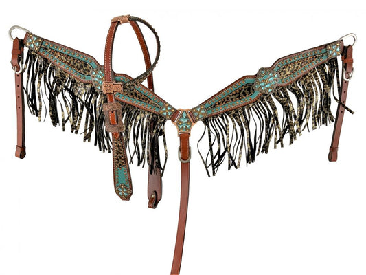 Bejeweled metallic leopard print headstall and breast collar set