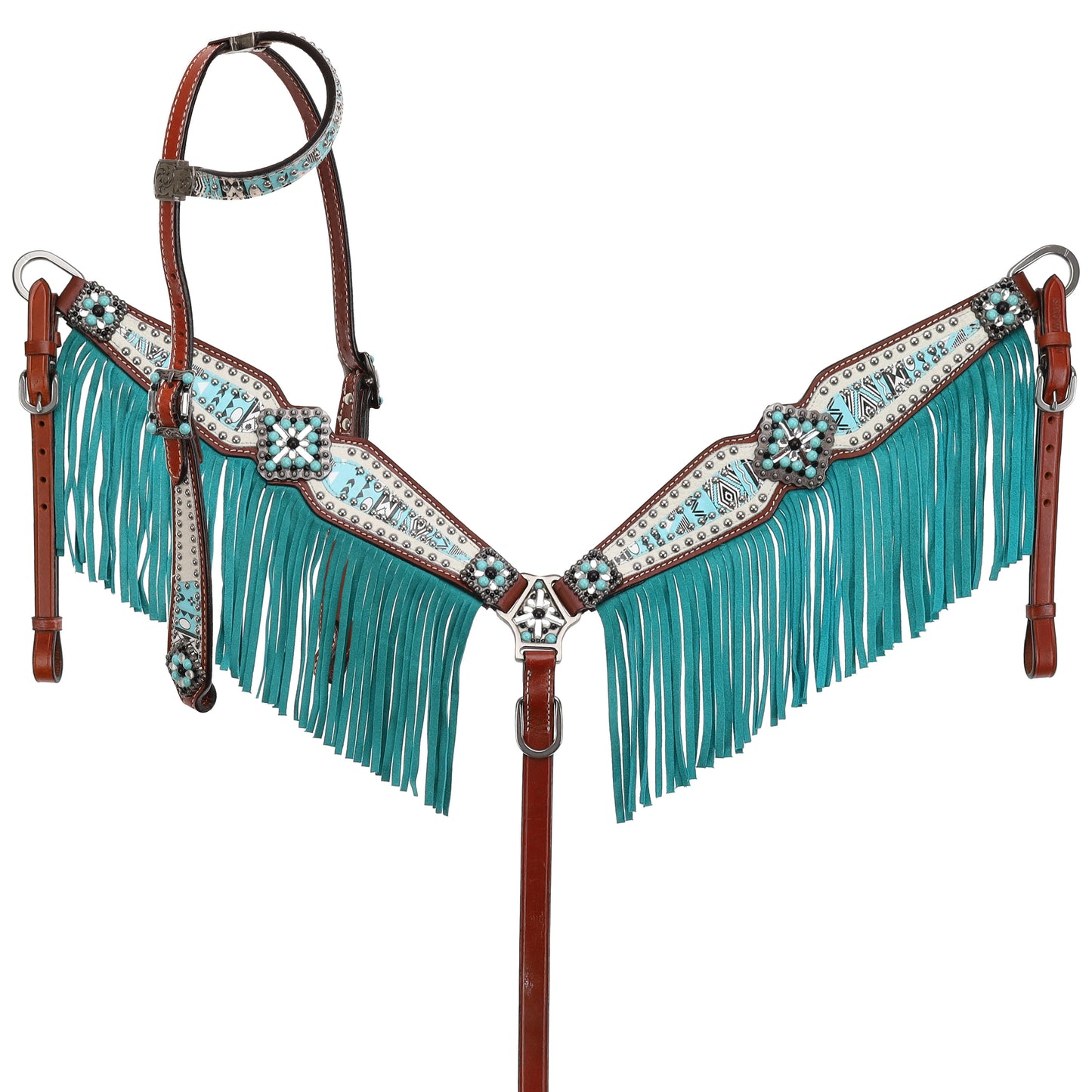 Arctic Aztec Fringe tooled leather One Ear Headstall and Breastcollar Tack set