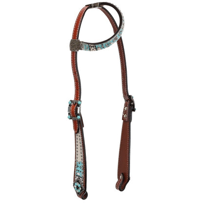 Arctic Aztec Fringe tooled leather One Ear Headstall and Breastcollar Tack set