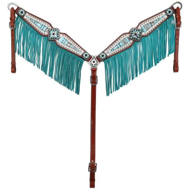 Arctic Aztec Fringe tooled leather One Ear Headstall and Breastcollar Tack set