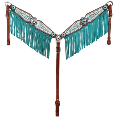 Arctic Aztec Fringe tooled leather One Ear Headstall and Breastcollar Tack set
