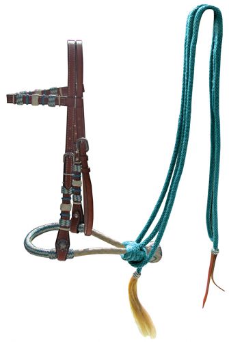 Leather Futurity Knot Headstall with Teal rawhide braided bosal and brown nylon mecate reins