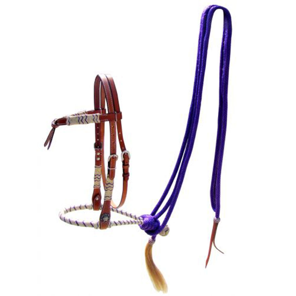 Leather Futurity Knot Headstall with Purple rawhide braided bosal and Purple nylon mecate reins