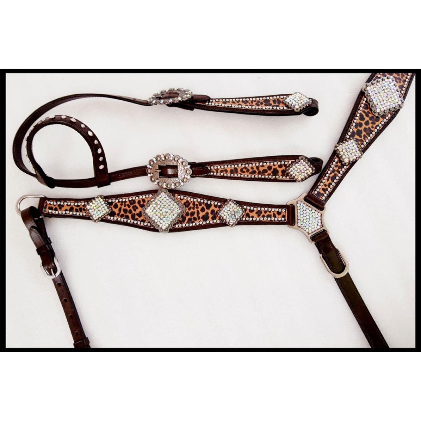 Cheetah Crystal Rhinestone One One Ear Headstall Breastcollar Tack Set