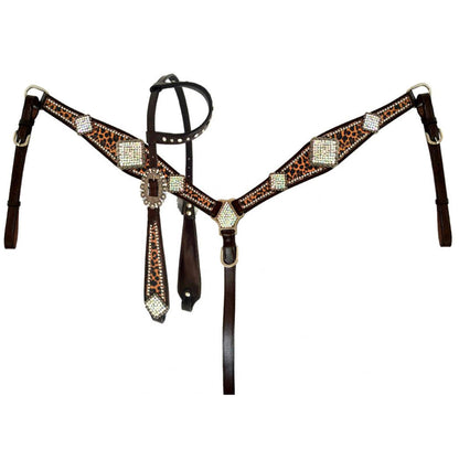 Cheetah Crystal Rhinestone One One Ear Headstall Breastcollar Tack Set