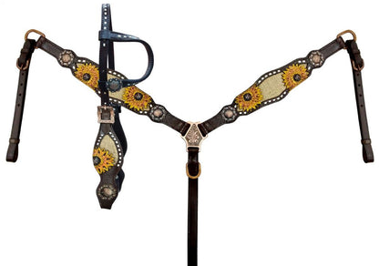 Dark Oil Sunflower & Burlap Inlay Headstall and Breastcollar Tack Set