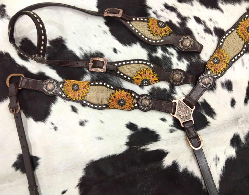 Dark Oil Sunflower & Burlap Inlay Headstall and Breastcollar Tack Set