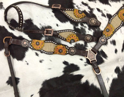 Dark Oil Sunflower & Burlap Inlay Headstall and Breastcollar Tack Set