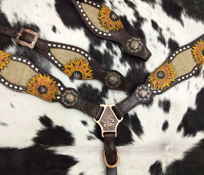 Dark Oil Sunflower & Burlap Inlay Headstall and Breastcollar Tack Set