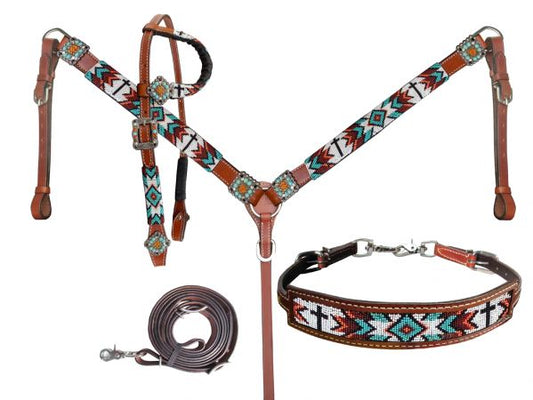 Beaded Cross & Southwest Design One Ear Headstall and Breastcollar 4 Piece Tack Set