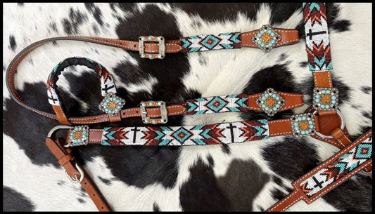 Beaded Cross & Southwest Design One Ear Headstall and Breastcollar 4 Piece Tack Set